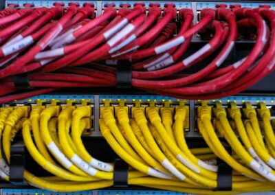 Patchkast met bundels rode en gele netwerkkabels