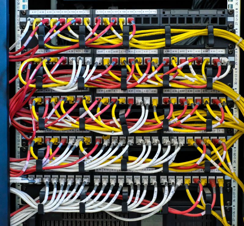 Datanetwerk Patchkast Zicht op een patchkast met een groot aantal aangesloten datanerk kabels. Door Elgeda netjes geïnstalleerd en gelabeld